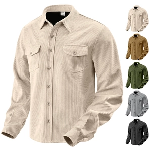 Detail view of corduroy texture and chest pockets on long sleeve lapel work shirts