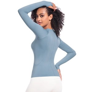 Top yoga da donna a maniche lunghe blu grigio, vestibilità slim e maglia senza cuciture