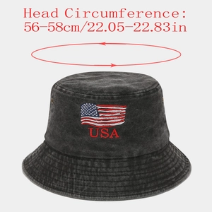 Détail d'un bob noir délavé avec broderie drapeau USA et guide des tailles 56-58cm