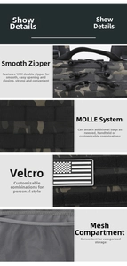 Detail of camouflage tactical backpack featuring durable YAM dual zippers and MOLLE system