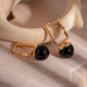 Retro geometric gold rectangle and black resin ball dangle earrings for women