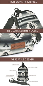 Detail of high-quality geometric canvas fabric and leather label on crossbody chest bag