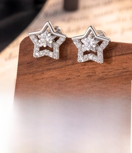 Detail view of silver star stud earring made of titanium steel with zircon and screw back