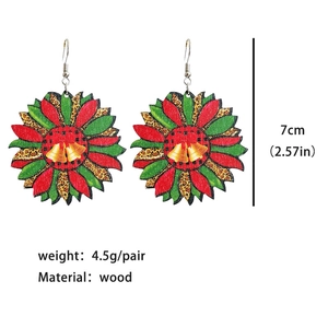 Sunflower Christmas earrings with bell pattern in leopard print and festive wood texture