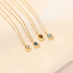 Retro stainless steel necklaces with bohemian water drop stone pendants in four colors