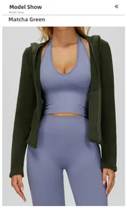 Detail of matcha green fleece hooded jacket with sports bra and high waist leggings