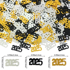 Confettis 2025 étoiles en or, argent et noir avec dimensions de 2,3x1,8 cm