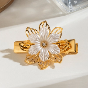 Hollow Flower Hair Clip Stainless Steel Gold Plated Zircon Artificial Pearl Elegant French Style Barrette For Women Waterproof
