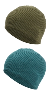 Detailed knit texture of reflective winter beanies in teal and olive green colors