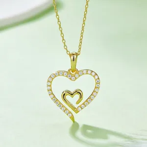 Polished S925 silver heart necklace with moissanite crystals and gold finish