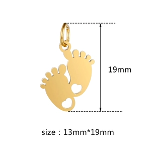 Polished gold stainless steel baby feet pendant with heart cutouts, size 13mm by 19mm