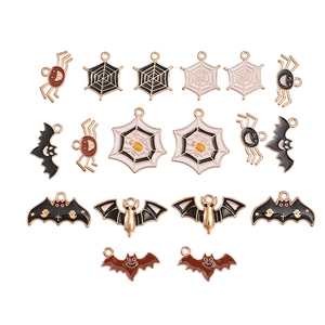 16pcs Halloween alloy charms featuring enamel bats, spider webs, and spiders for DIY jewelry