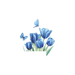Artistic watercolor blue tulip and butterfly wall decal for home bedroom decoration