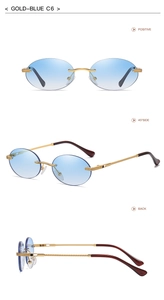 Three-angle view of rimless oval sunglasses with blue gradient lenses and gold woven temples