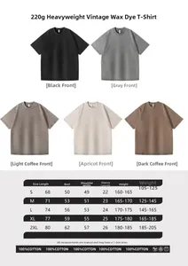 Detailed size chart for heavy 100% cotton washed vintage t-shirt showing S to 2XL dimensions