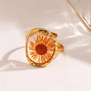 Golden stainless steel adjustable open ring with orange dried flower resin inlay