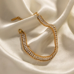 Double-layered 18K gold plated stainless steel bracelet with white zircon stones