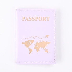 Pink PU leather world map passport holder with gold foil stamping on white background