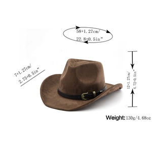 Brown faux suede cowboy hat with black belt and metal buckle shown with dimensions