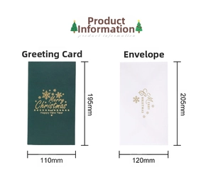 Detailed size specifications for the 3D Christmas tree greeting card and envelope set