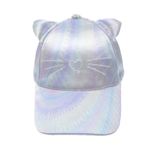 Cute kids tie-dye baseball cap with 3D cat ears and heart embroidery on blue purple fabric