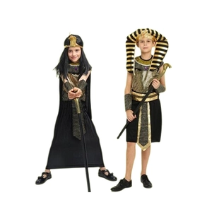 Kids Egyptian Pharaoh and Cleopatra cosplay costumes with golden accessories and staff
