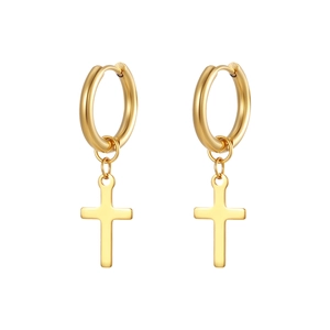 Polished 18k gold plated titanium steel hoop earrings with classic cross charms