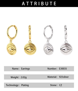 Detailed view of S925 sterling silver evil eye earrings in gold and silver plating
