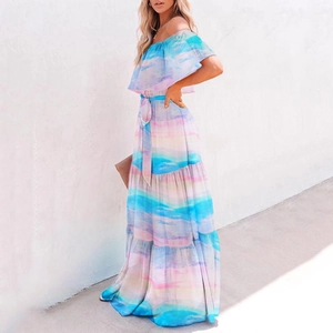 Rainbow gradient off-shoulder maxi dress with tiered skirt and waist tie detail