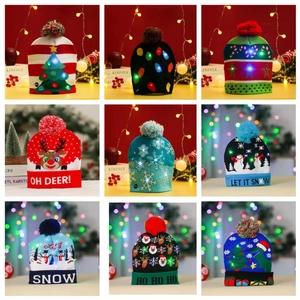Knitted Christmas beanie set with LED lights and colorful holiday character patterns