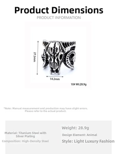Detailed size chart of the stainless steel ram skull ring with exact measurements