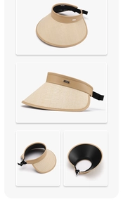 Detail view of summer sun visor showing straw brim and adjustable buckle closure