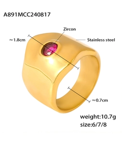 Detailed view of golden stainless steel ring featuring a red zircon and engraved specs