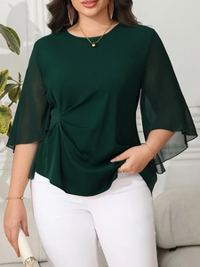 Women Plus Size Blouse Chiffon Dark Green Flare Bell Sleeve Ruched Twist Waist Elegant Round Neck Top