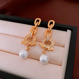 Horseshoe Dangle Earrings With Zircon And White Artificial Pearl Accents Alloy Metal With Silver Earring Post Vintage Luxury Style For Women