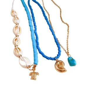 Dreiteiliges Boho-Halsketten-Set mit Schildkröten-Anhänger, Muscheln und blauen Perlen