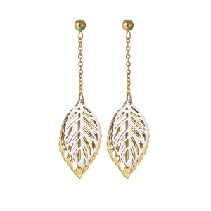 Vintage metal leaf tassel earrings in gold and silver finish on a white background