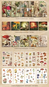 Detail of vintage forest mushroom stationery set with stickers and retro background paper