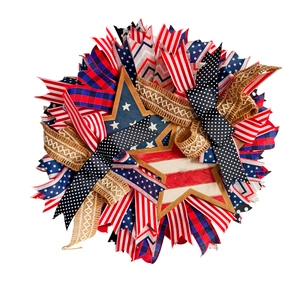 Patriotic Independence Day wreath with wooden star and red white blue ribbons on white background