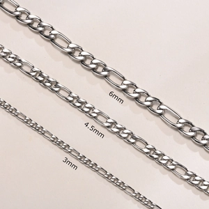 Comparison of 3mm, 4.5mm, and 6mm silver stainless steel Figaro chains with polished finish