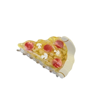 Whimsical pizza slice hair claw clip made of acetate with realistic toppings on white background