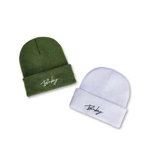 Winter knit baby beanies in dark green and white with soft embroidered 'Baby' text