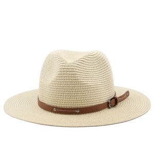 Flat top straw sun hat for women with brown leather band and metallic buckle detail