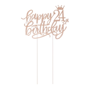 Makro-Detail von roségoldenem Glitzer Happy 24th Birthday Tortenstecker mit Krone und Sternen