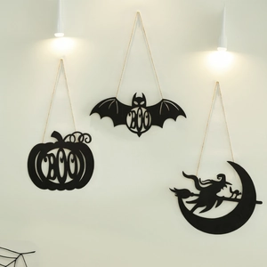 Halloween Door Hanging Signs Iron Metal Witch Pumpkin And Bat Silhouette Boo Ornament Haunted House Wall Decor Black