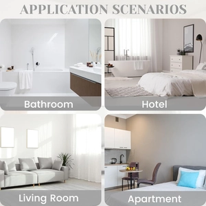 Waterproof waffle fabric shower curtain shown in bathroom, hotel, and living room scenes