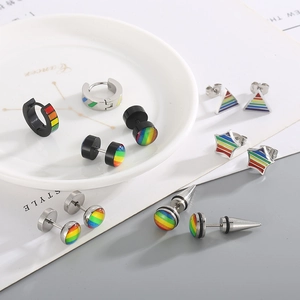 Stainless Steel Rainbow Geometric Stud Earrings For Men Women Fashion Hip Hop Streetwear Triangle Star Round Enamel Jewelry