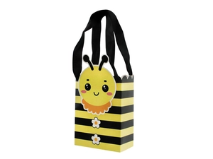 Detail of yellow and black striped bee candy box with soft ribbon handle and 3D bee