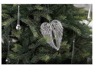 Ali di angelo in acrilico trasparente e pendenti a goccia su rami di albero di Natale