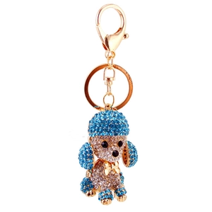 Creative blue crystal dog keychain with gold metal plating and sparkling rhinestones